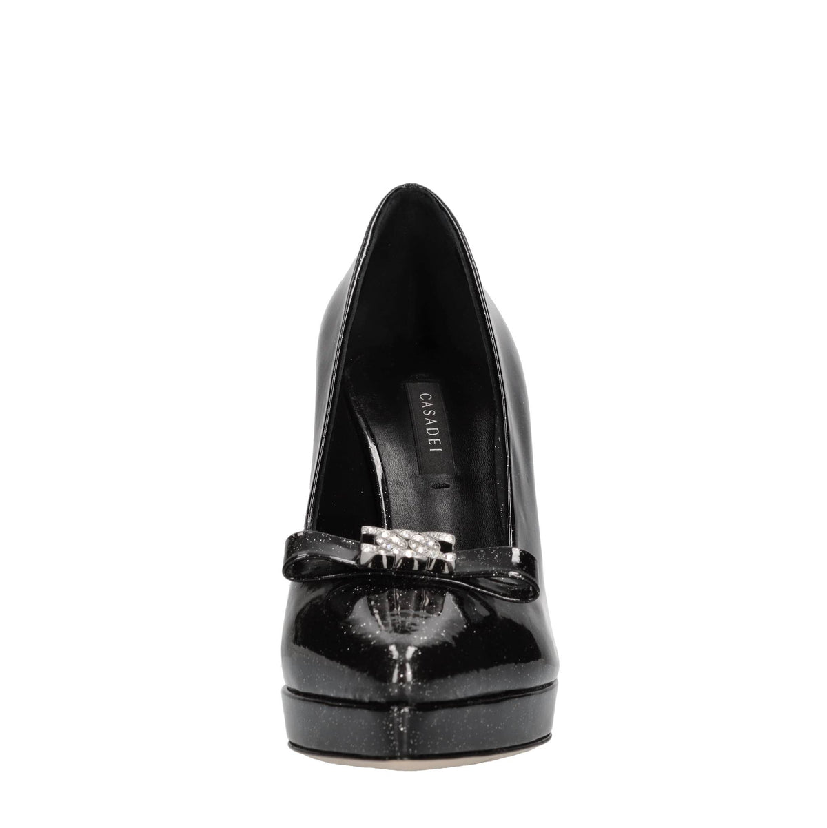 Décolleté Michelle in pelle con microglitter argento,fiocco con C-chain impreziosito da strass 