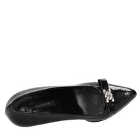 Décolleté Michelle in pelle con microglitter argento,fiocco con C-chain impreziosito da strass 