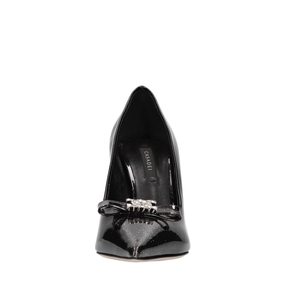 Décolleté Superblade in pelle con microglitter argento,fiocco con C-chain impreziosito da strass 