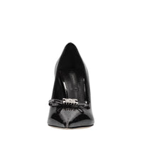 Décolleté Superblade in pelle con microglitter argento,fiocco con C-chain impreziosito da strass 