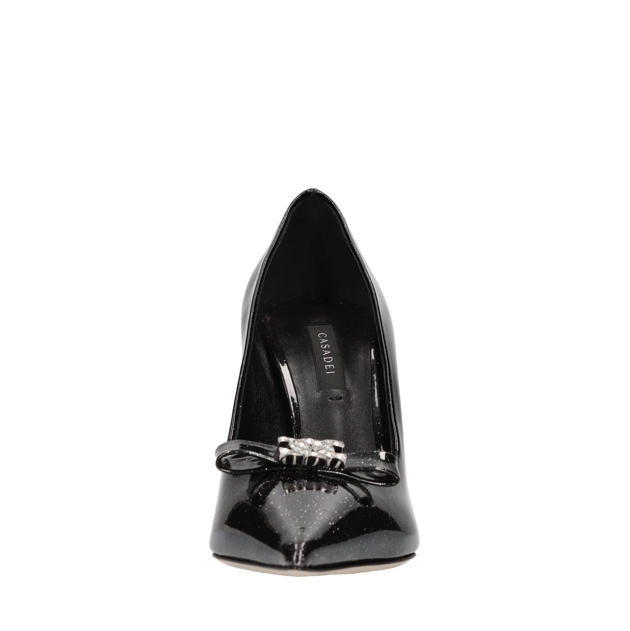 Décolleté Superblade in pelle con microglitter argento,fiocco con C-chain impreziosito da strass 