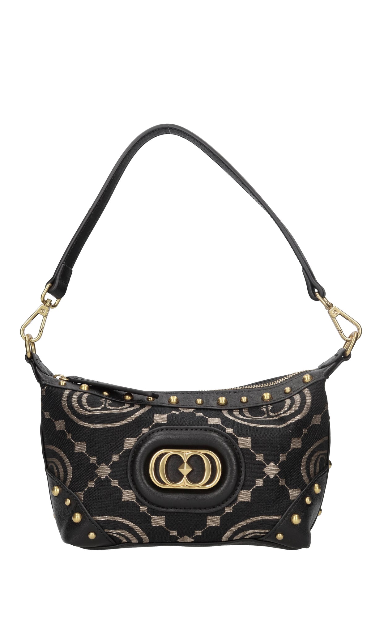 Borsa in tessuto con inserti in pelle e borchie 