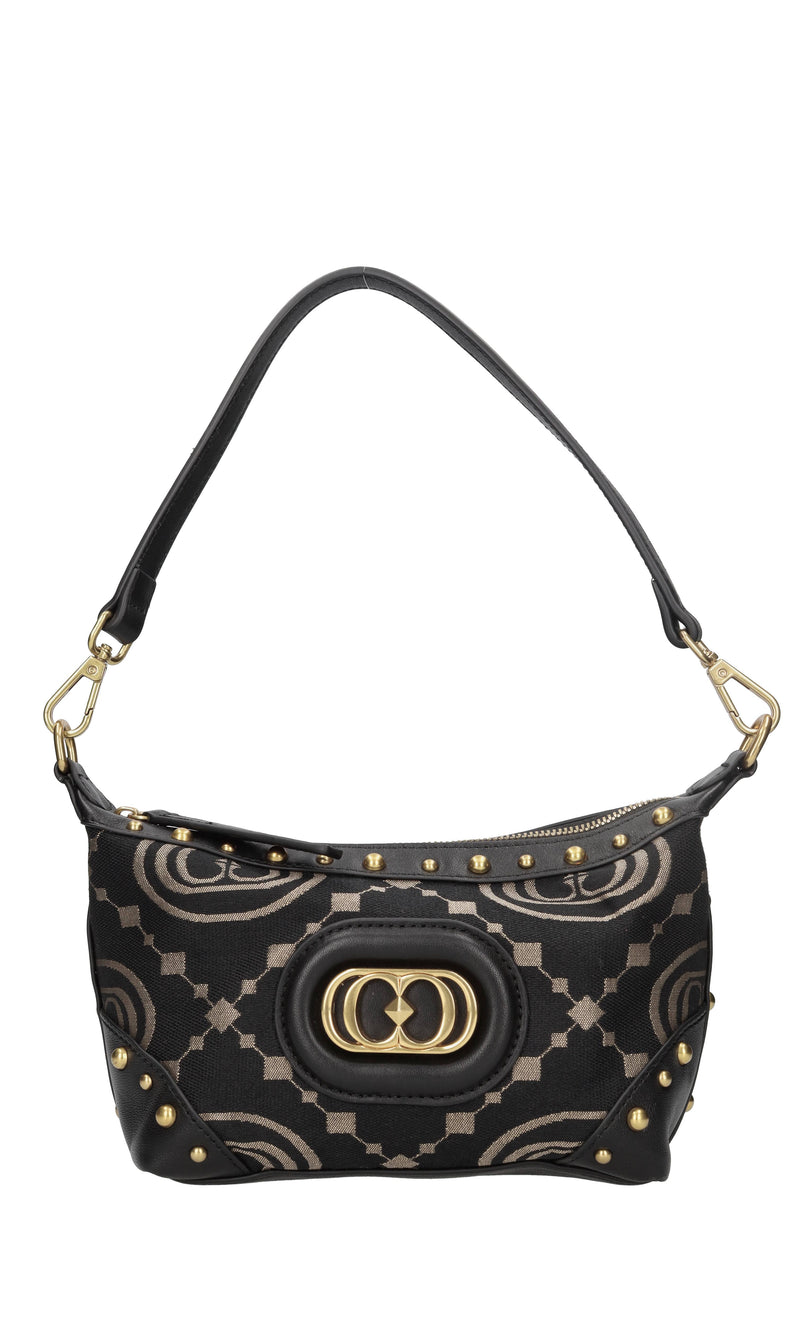 Borsa in tessuto con inserti in pelle e borchie 