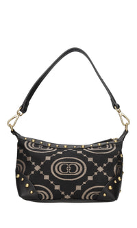 Borsa in tessuto con inserti in pelle e borchie 