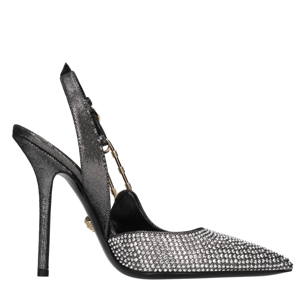 Décolleté slingback in pelle e strass 