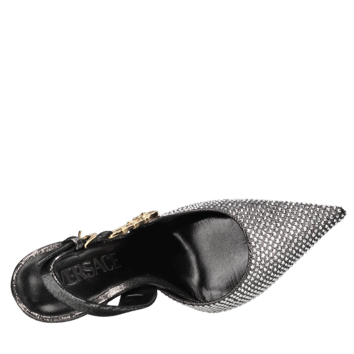Décolleté slingback in pelle e strass 