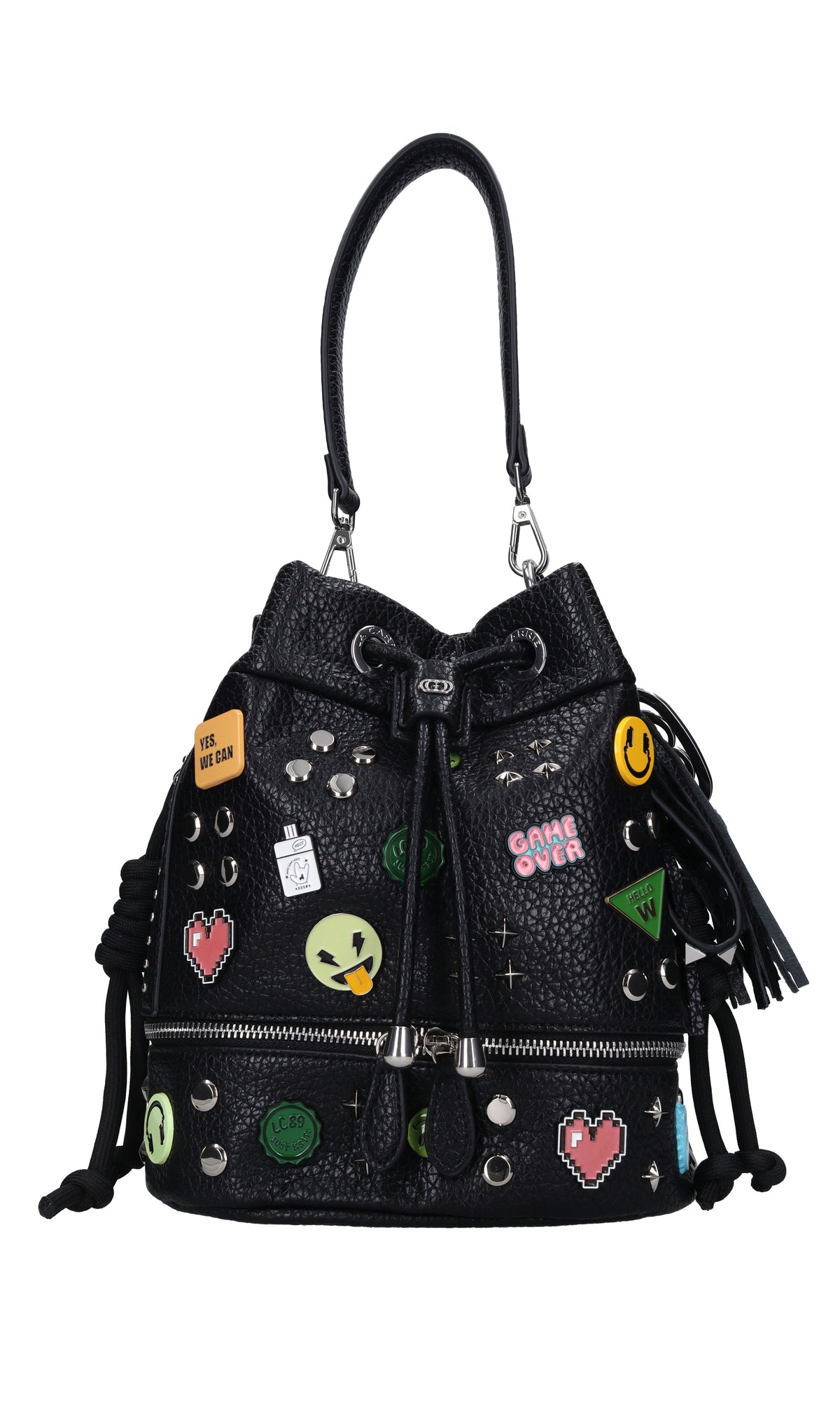 Borsa Smiles Bucket in ecopelle e borchie 