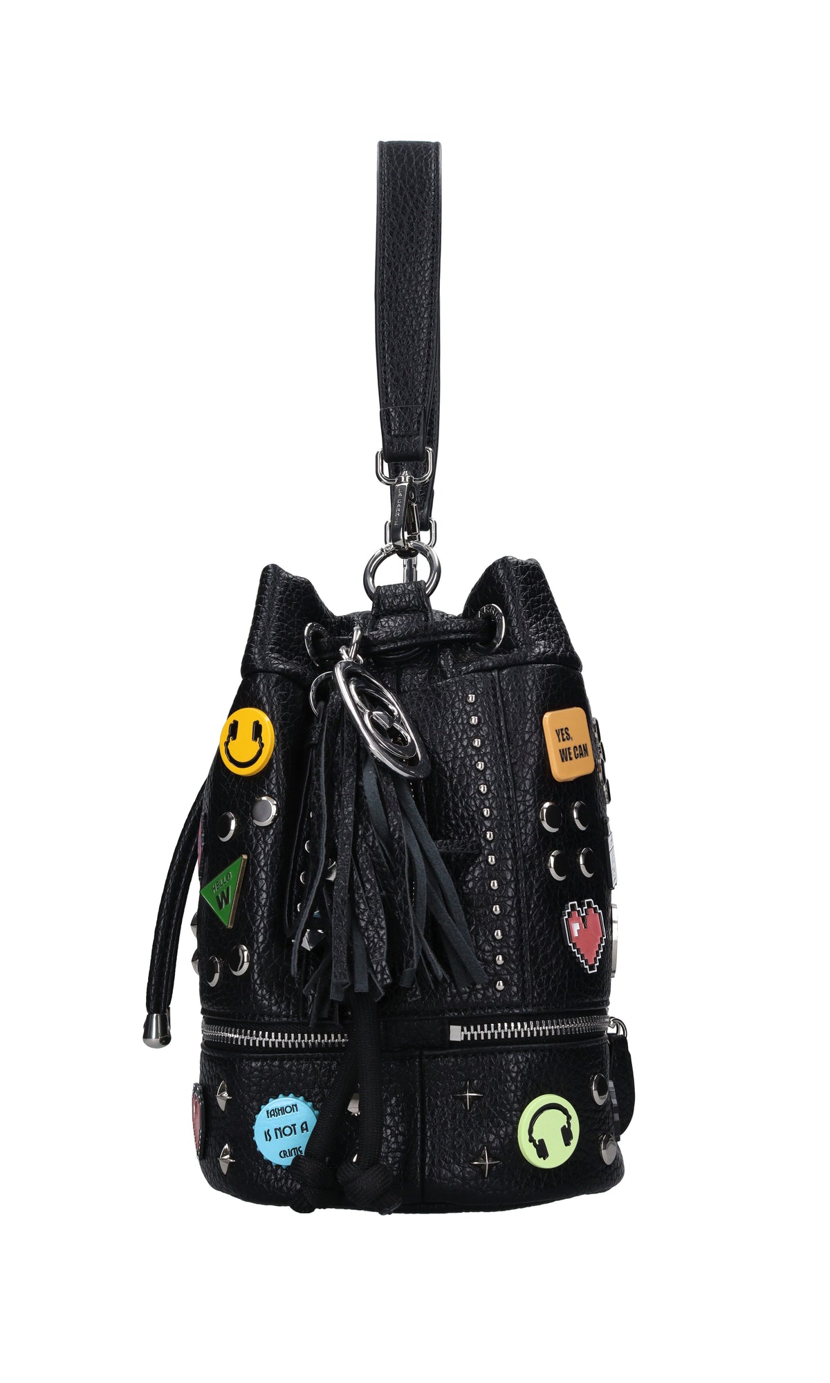 Borsa Smiles Bucket in ecopelle e borchie 
