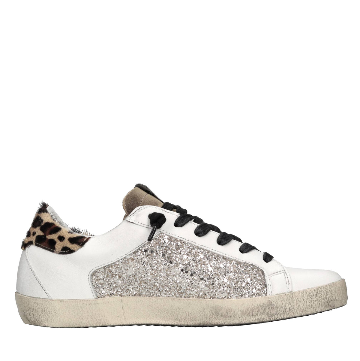 Sneakers in pelle,cavallino e glitter argento 