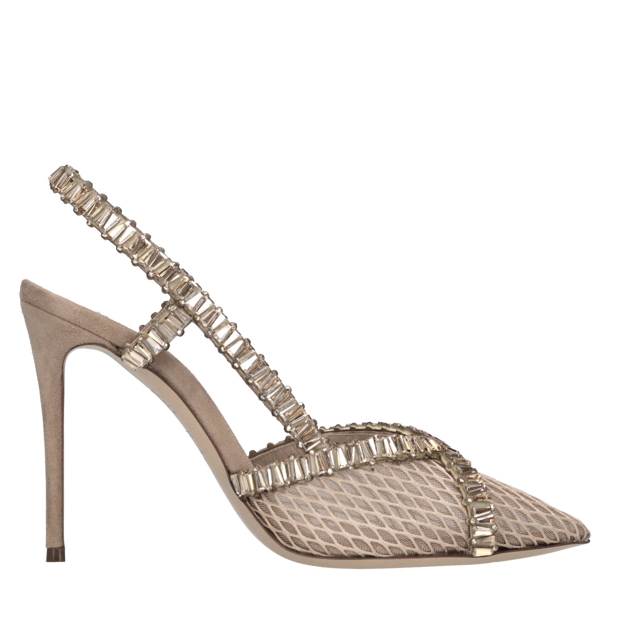 Décolleté slingback Julia Heaven in camoscio e rete di tessuto con strass 