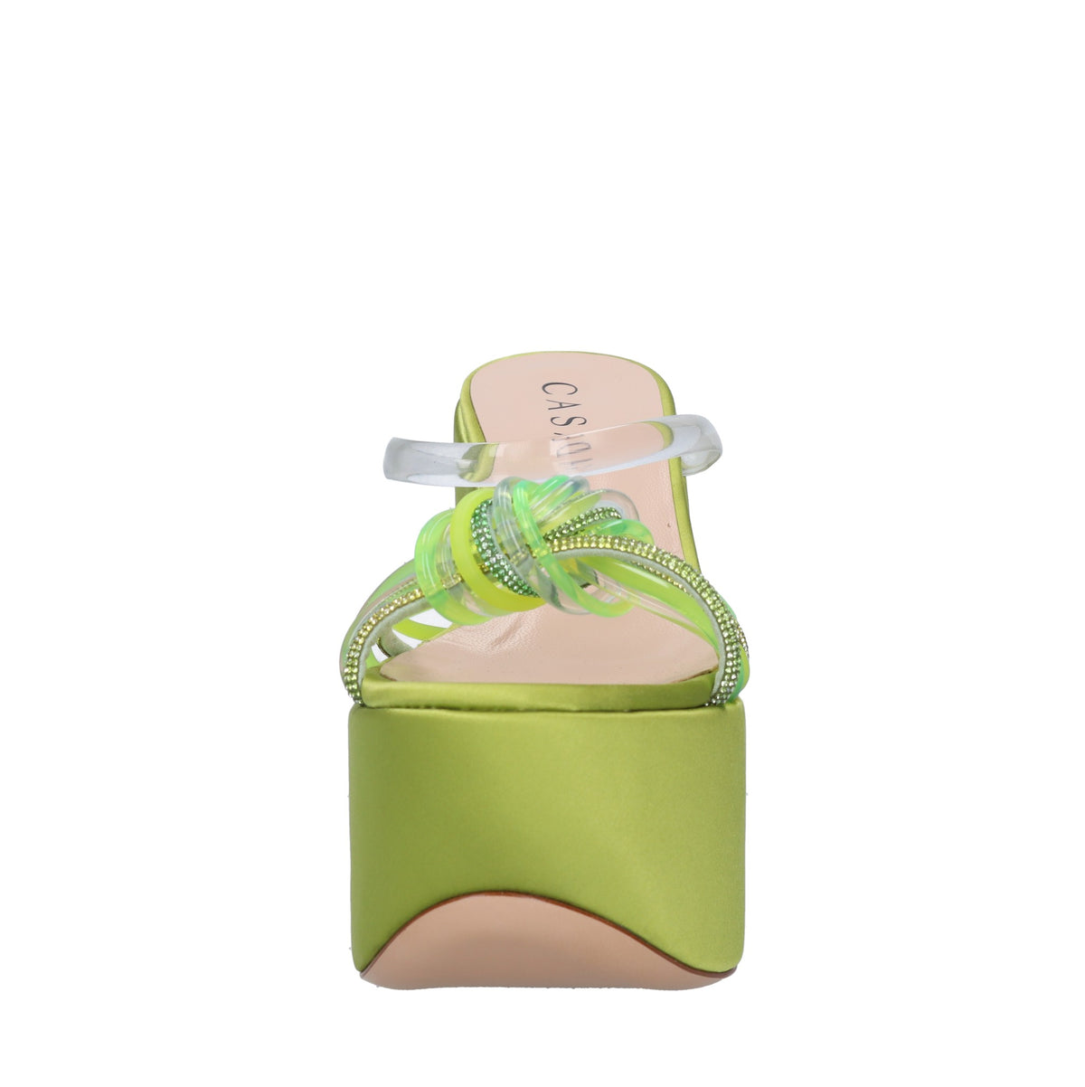 Mules Zeppa in raso plexi e strass 