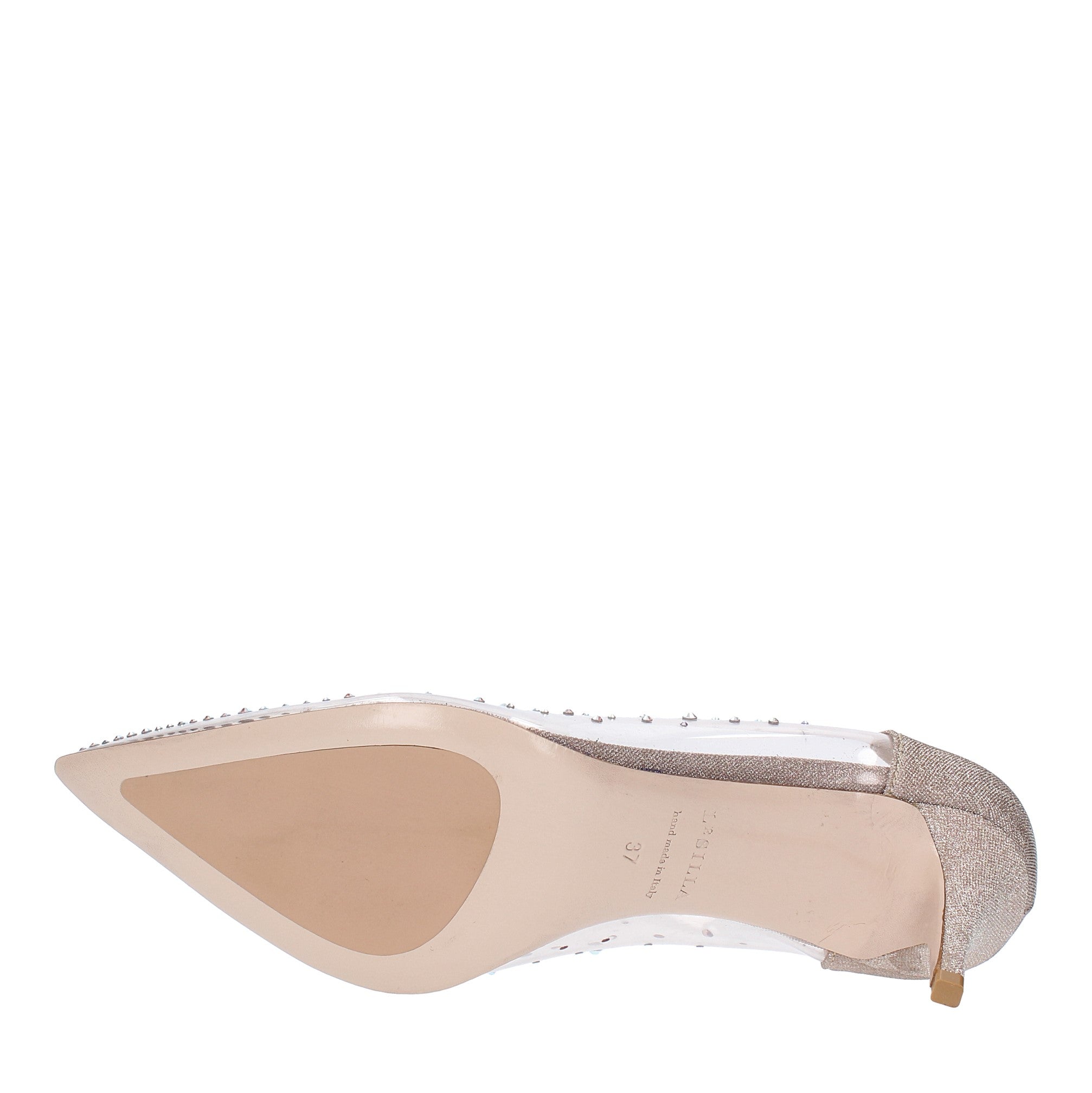 Décolleté in pelle glitterata e PVC 