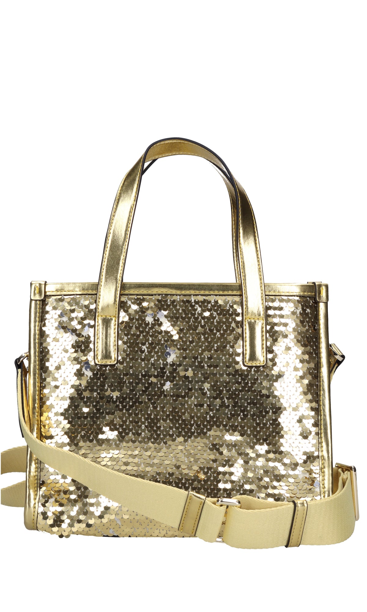 Borsa in pailletes con inserti in ecopelle 