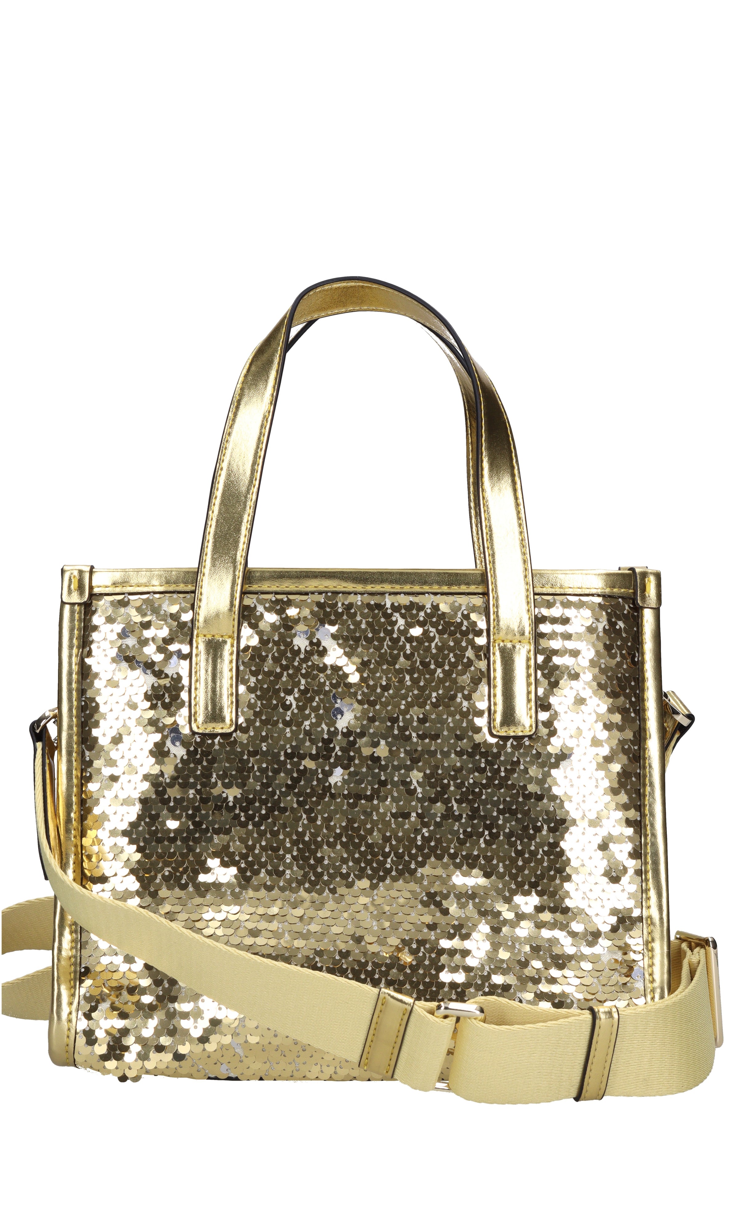 Borsa in pailletes con inserti in ecopelle 