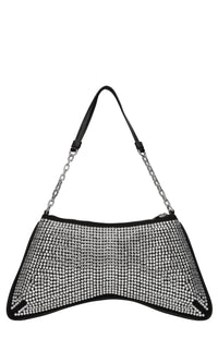 Borsa in tessuto con strass ed ecopelle 