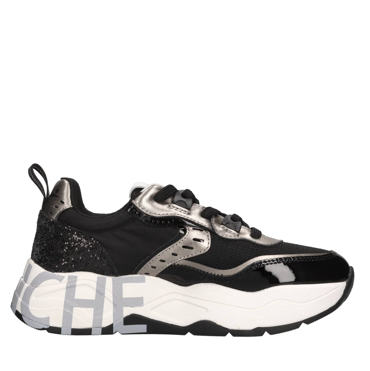 Sneakers in pelle, vernice e glitter 