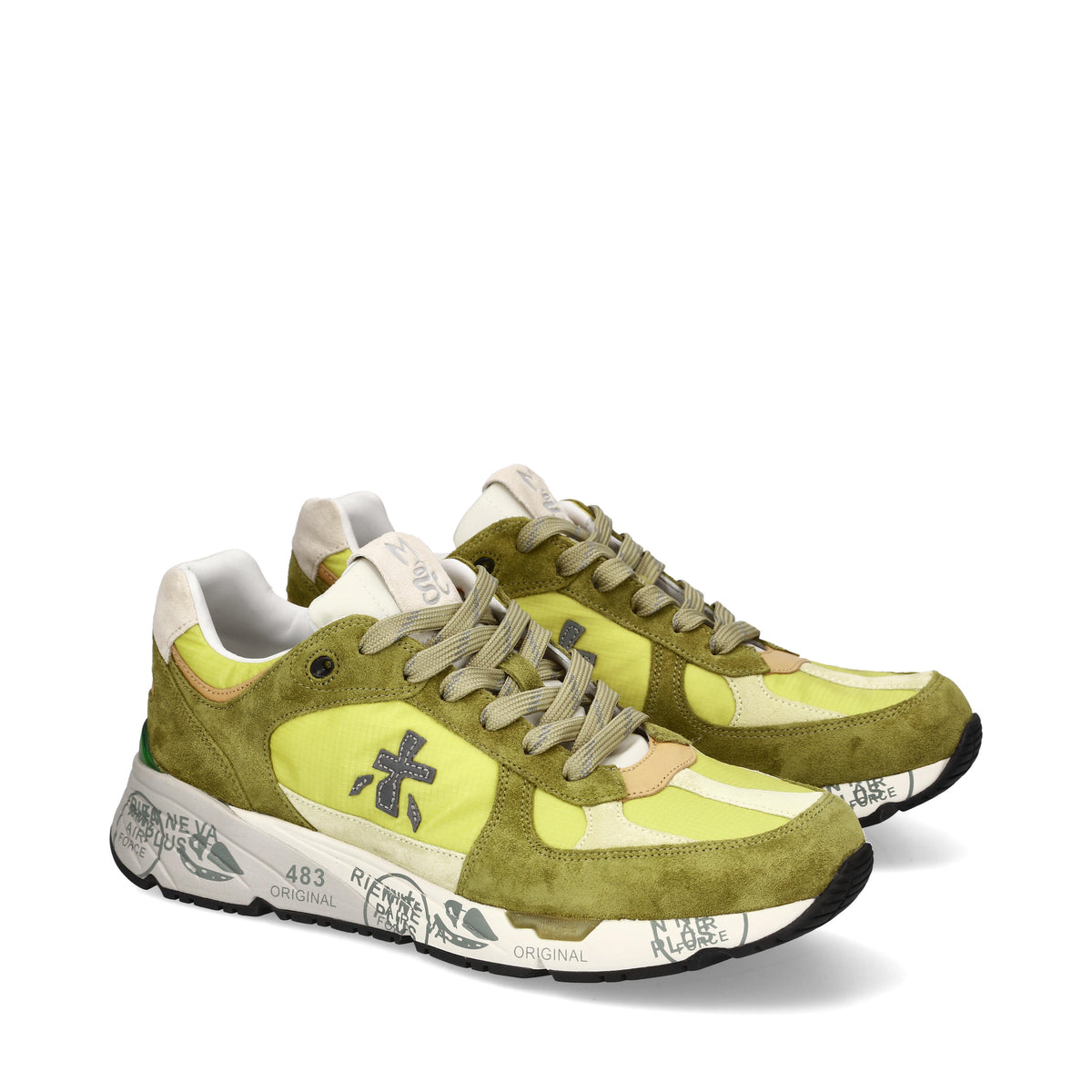 Sneakers in pelle scamosciata, tessuto e inserti in pelle 
