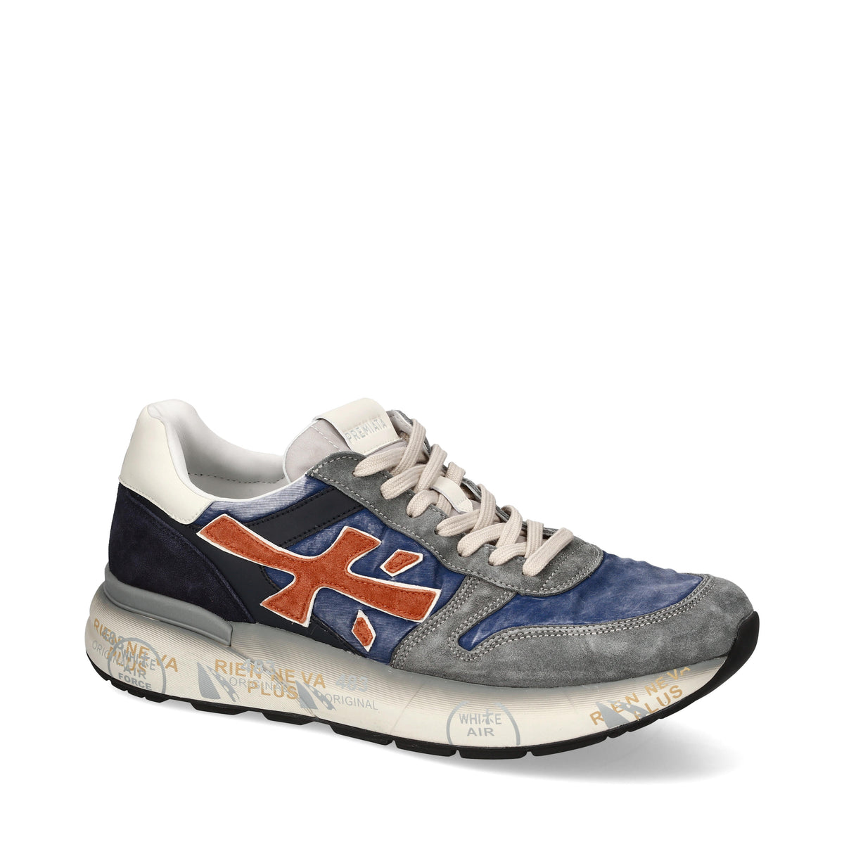 Sneakers in pelle scamosciata, tessuto e inserti in pelle 