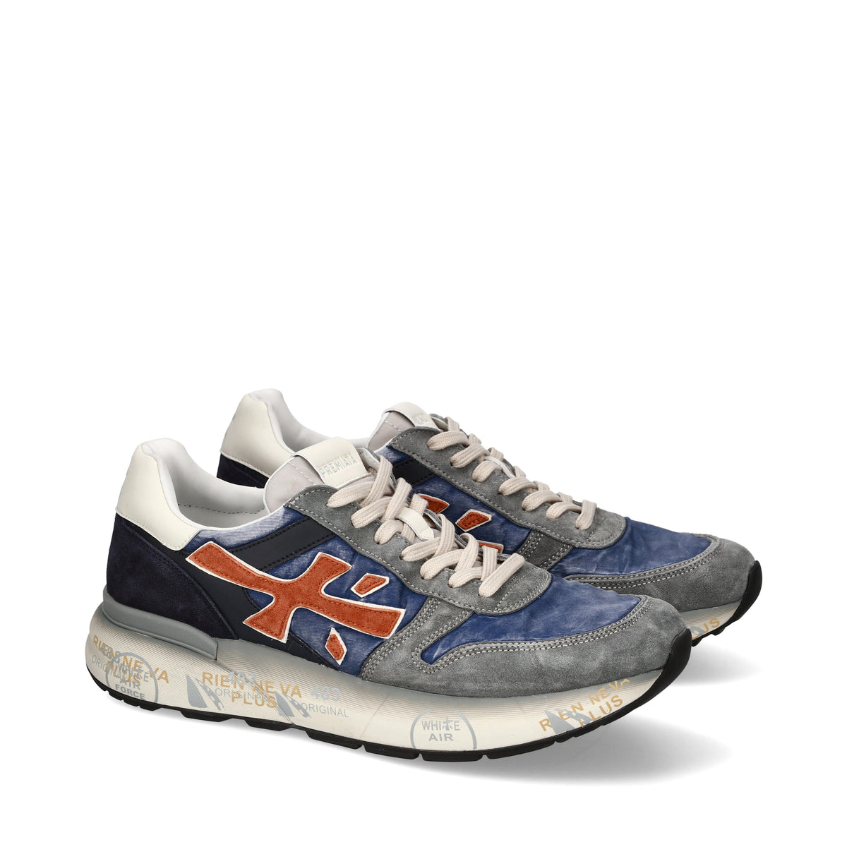 Sneakers in pelle scamosciata, tessuto e inserti in pelle 