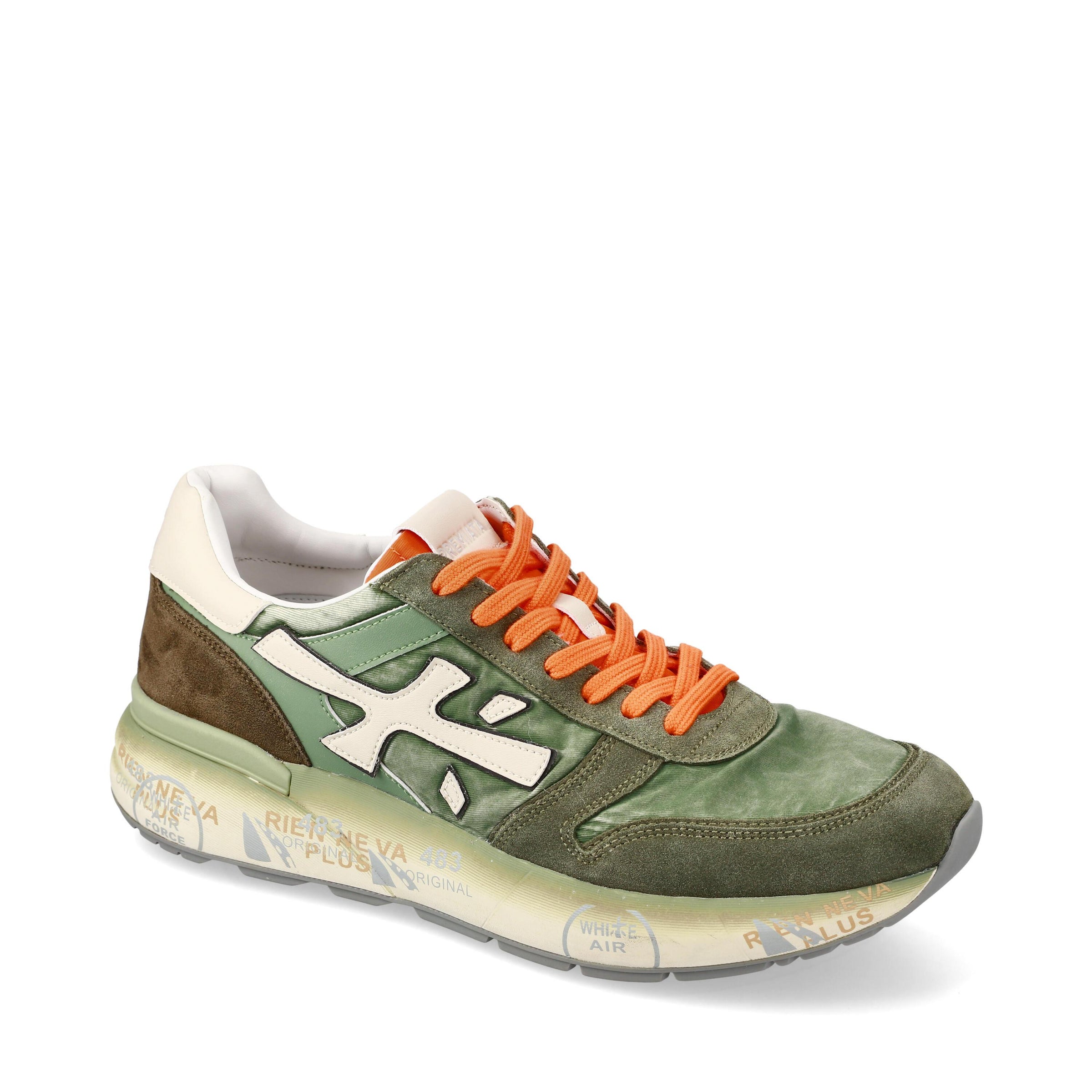 Sneakers in pelle scamosciata, tessuto e inserti in pelle 