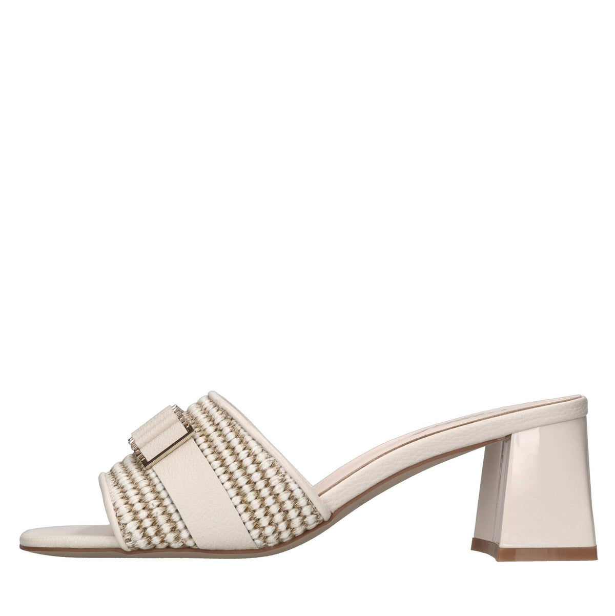 Mules in pelle e tessuto 