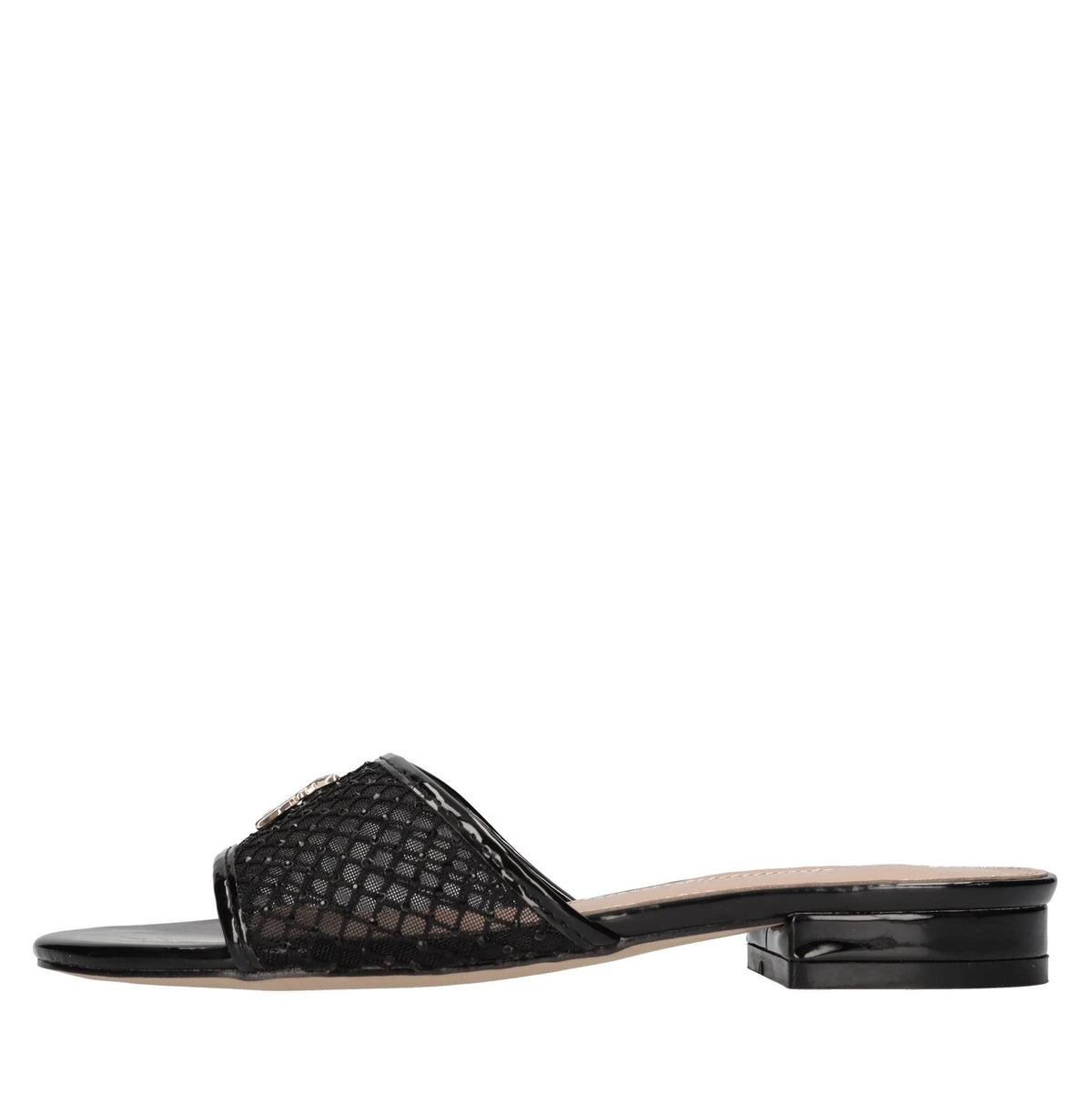 Mules in ecopelle, rete in tessuto e strass 
