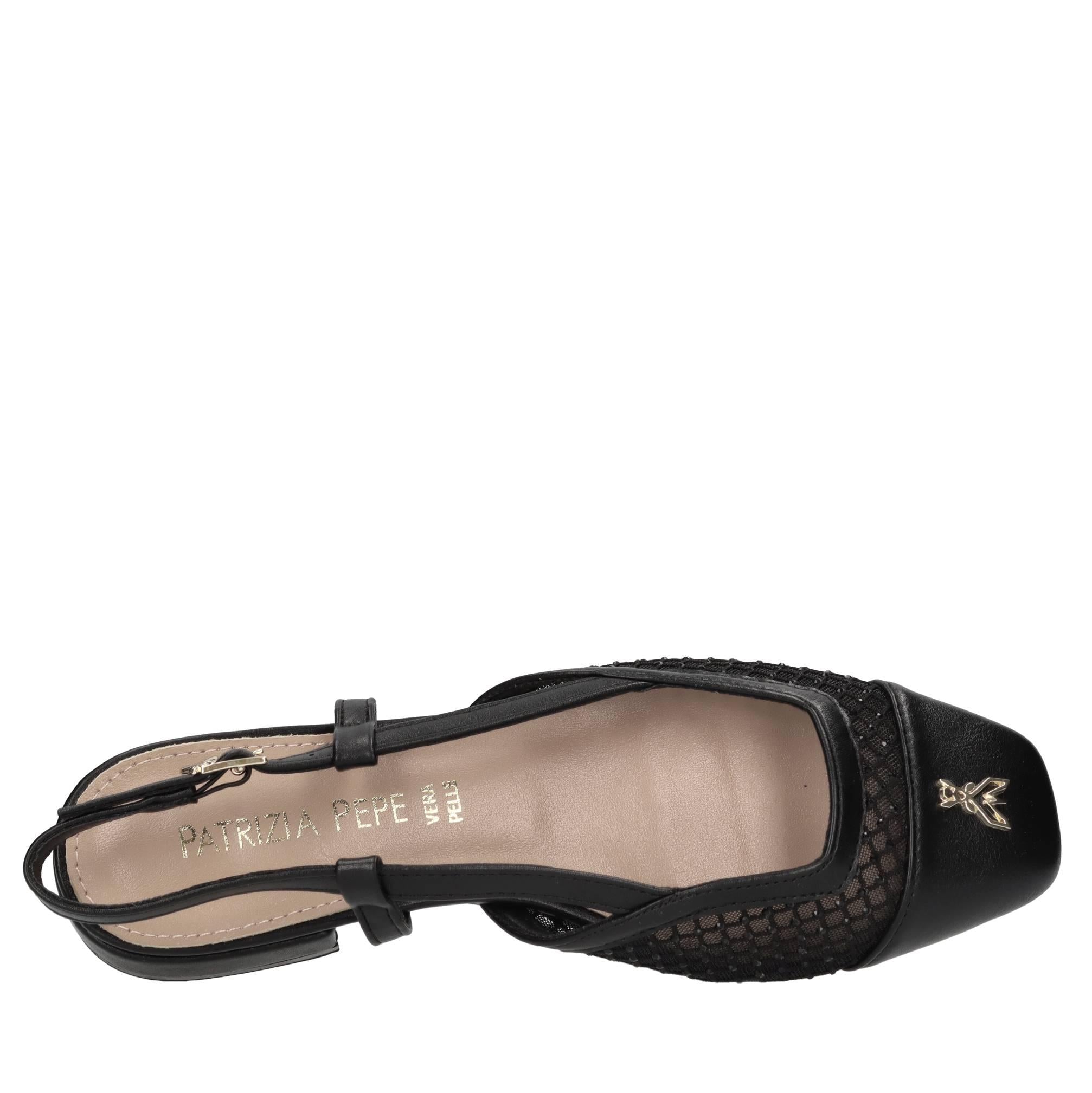 Flat in ecopelle,rete in tessuto e strass 