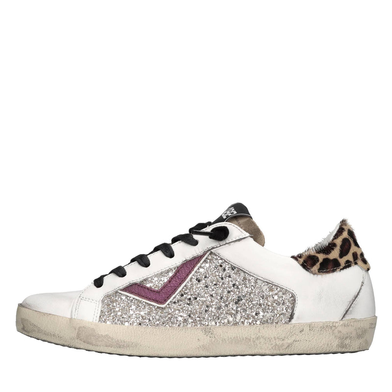 Sneakers in pelle,cavallino e glitter argento 