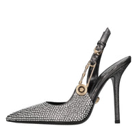 Décolleté slingback in pelle e strass 