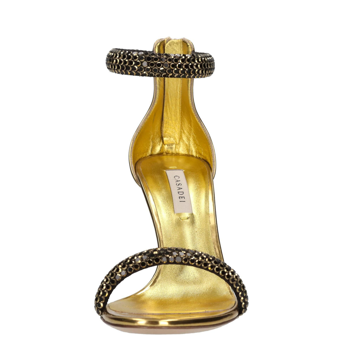 Sandali Olimpo in tessuto specchiato e strass. 