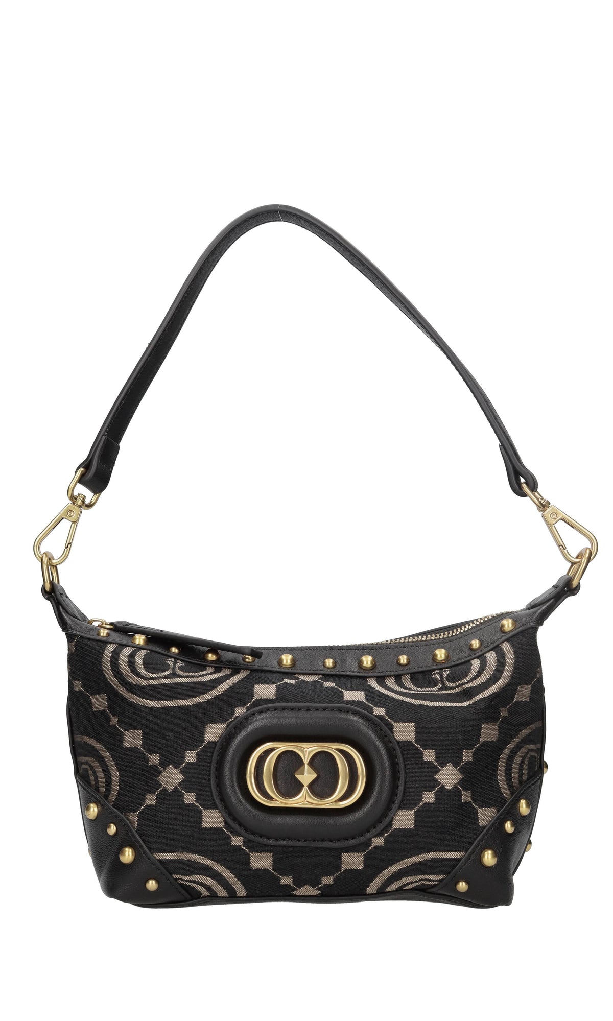 Borsa in tessuto con inserti in pelle e borchie 