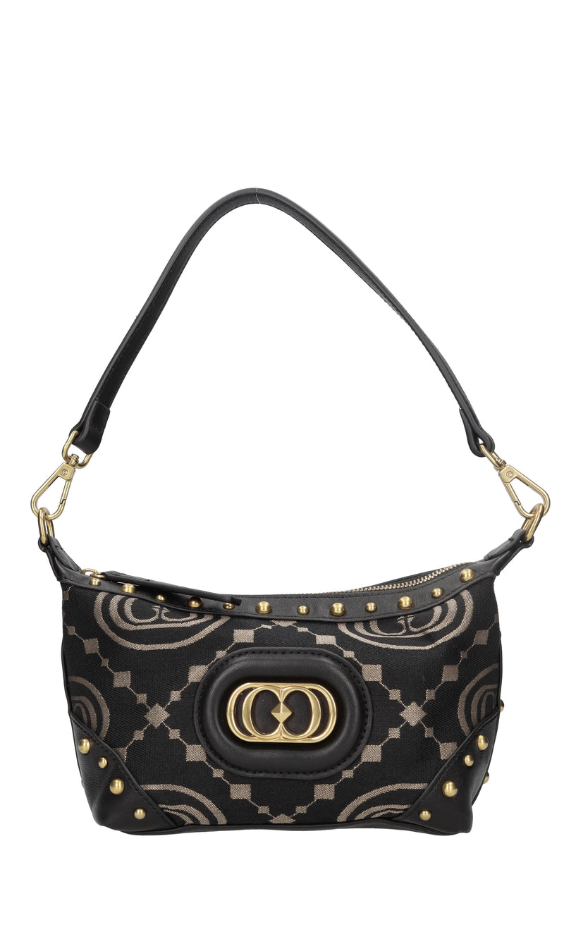 Borsa in tessuto con inserti in pelle e borchie 