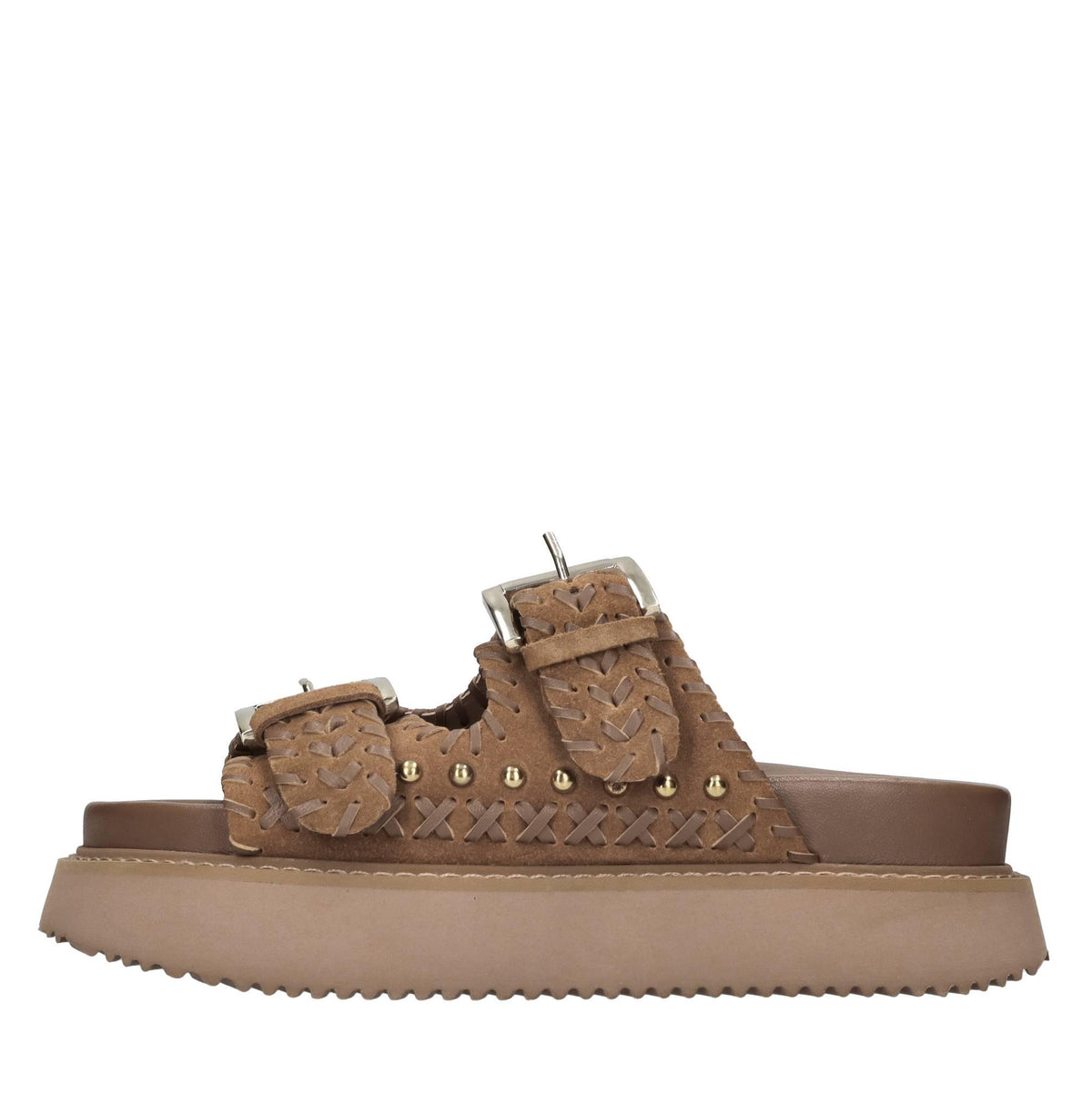 Mules in camoscio e pelle con borchie 