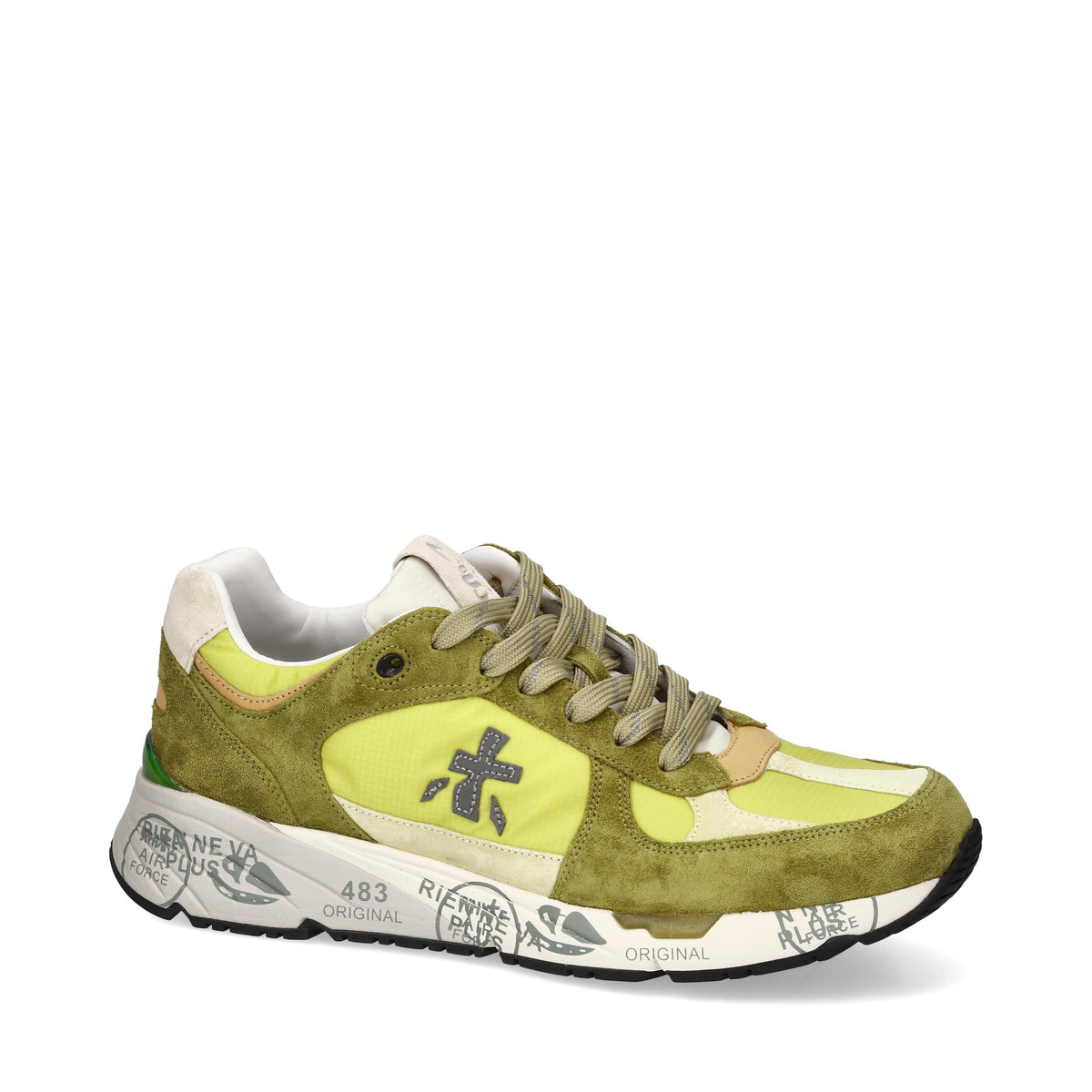 Sneakers in pelle scamosciata, tessuto e inserti in pelle 