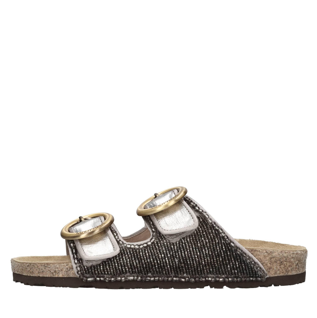 Mules in pelle, tessuto e perline 