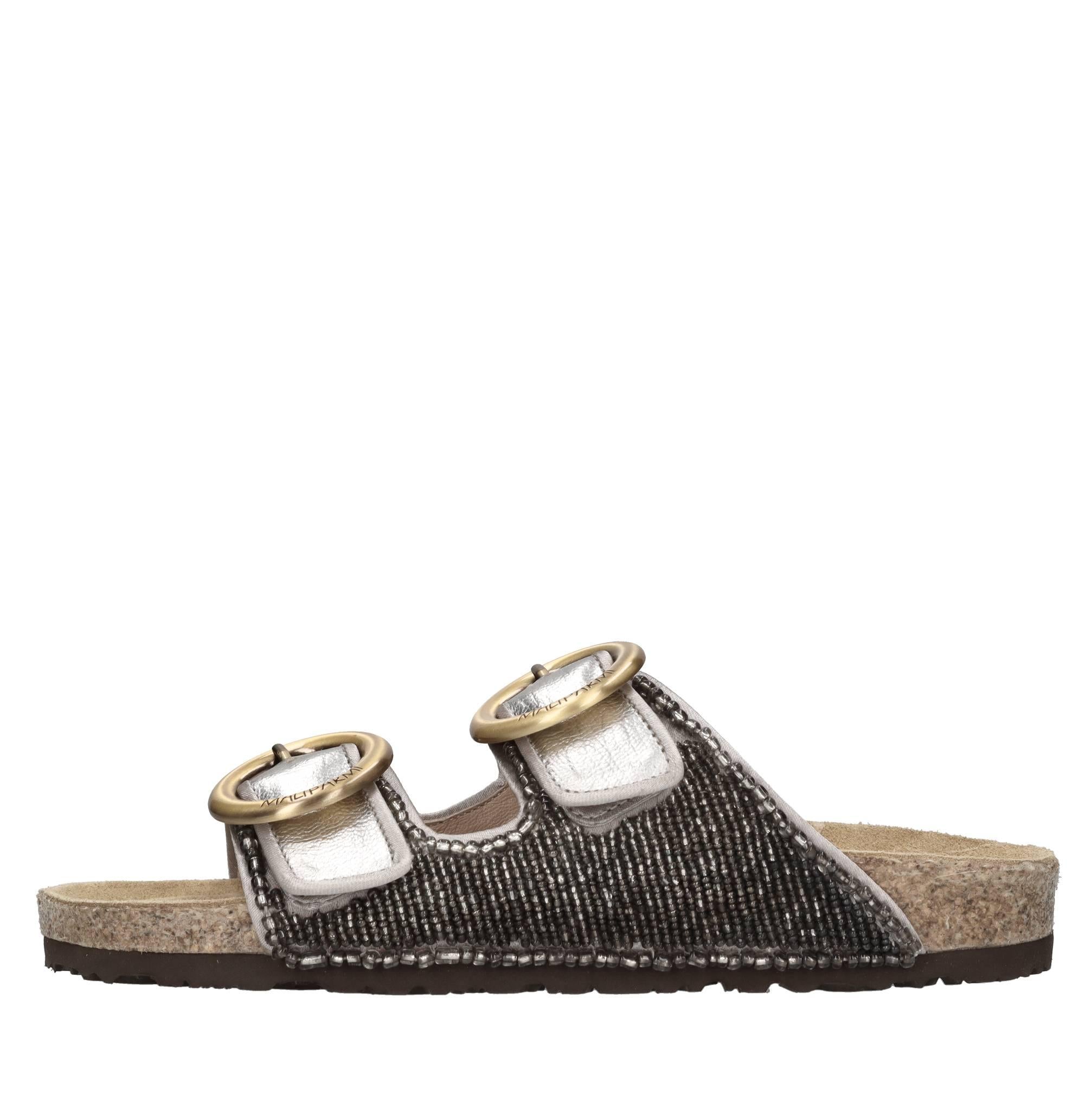 Mules in pelle, tessuto e perline 