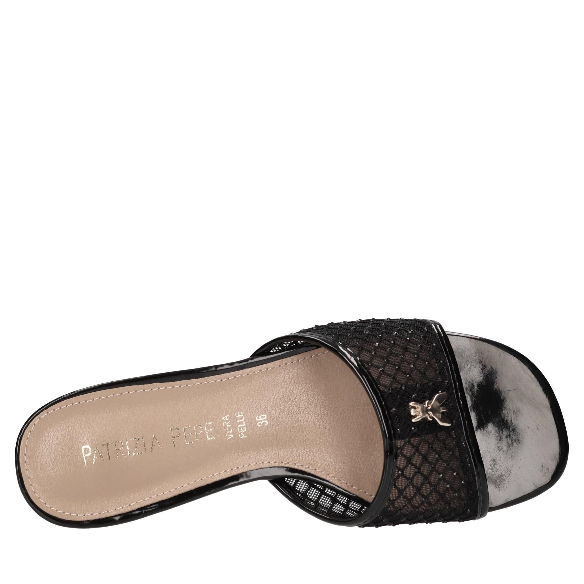 Mules in ecopelle, rete in tessuto e strass 