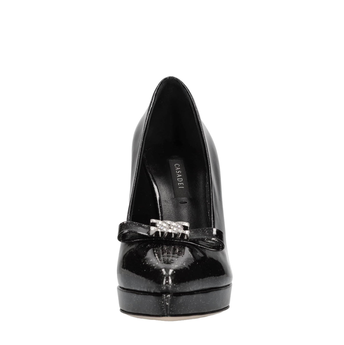 Décolleté Michelle in pelle con microglitter argento,fiocco con C-chain impreziosito da strass 