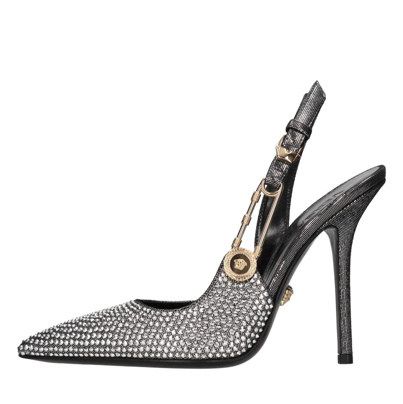 Décolleté slingback in pelle e strass 