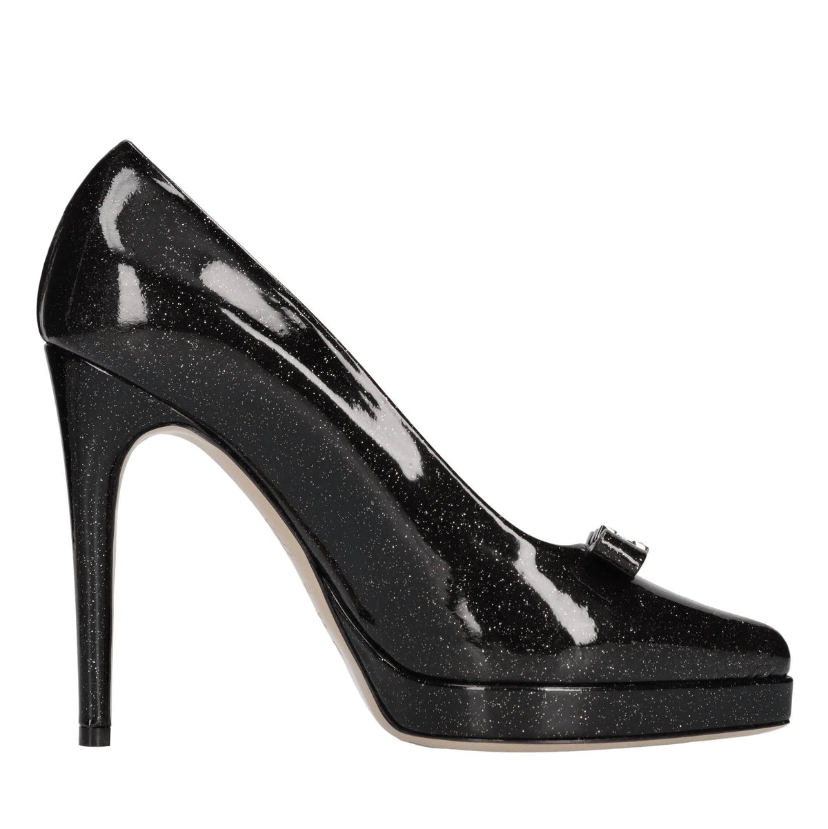 Décolleté Michelle in pelle con microglitter argento,fiocco con C-chain impreziosito da strass 