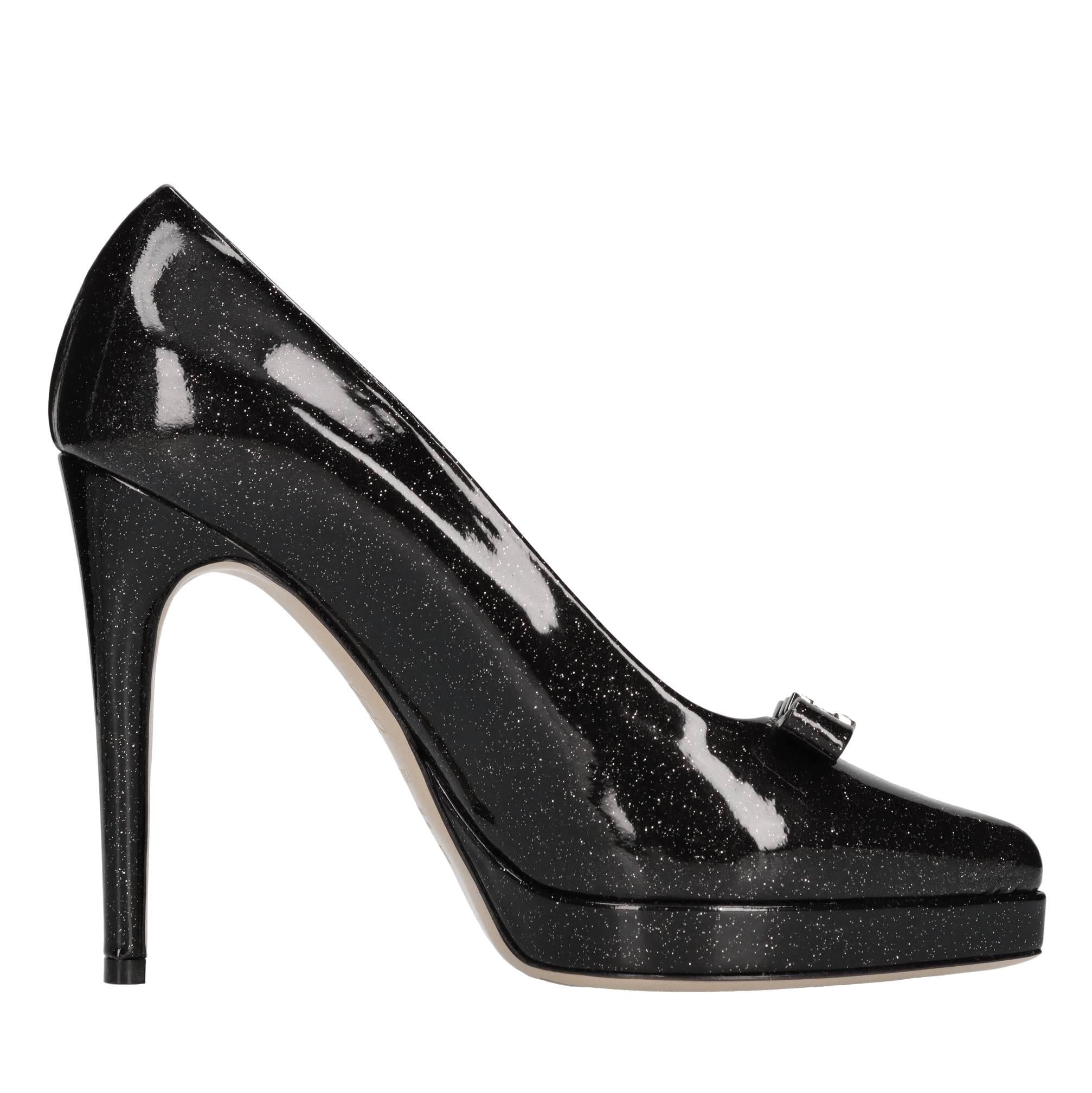 Décolleté Michelle in pelle con microglitter argento,fiocco con C-chain impreziosito da strass 