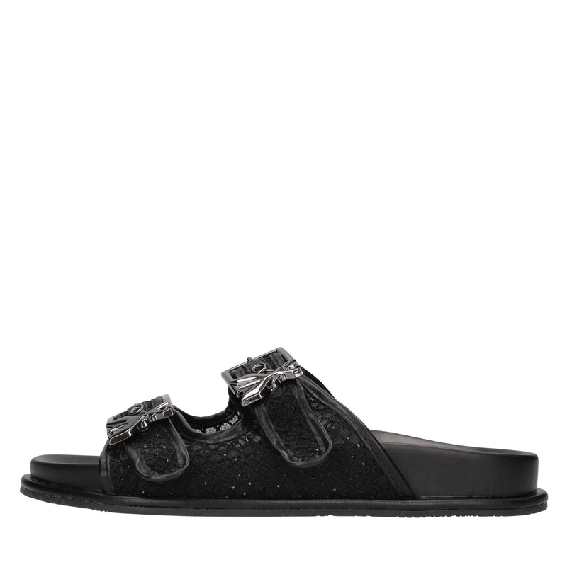 Mules in ecopelle, rete in tessuto e strass 