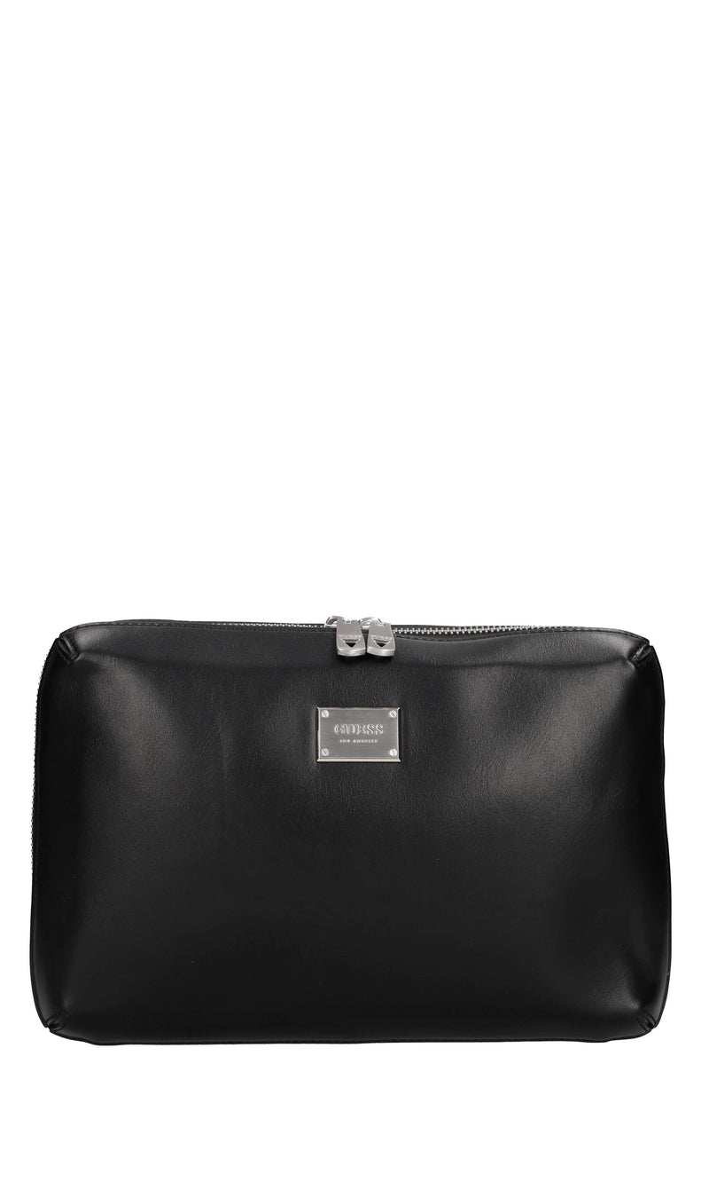 Beauty cases in ecopelle con logo in metallo e tracolla in tessuto 