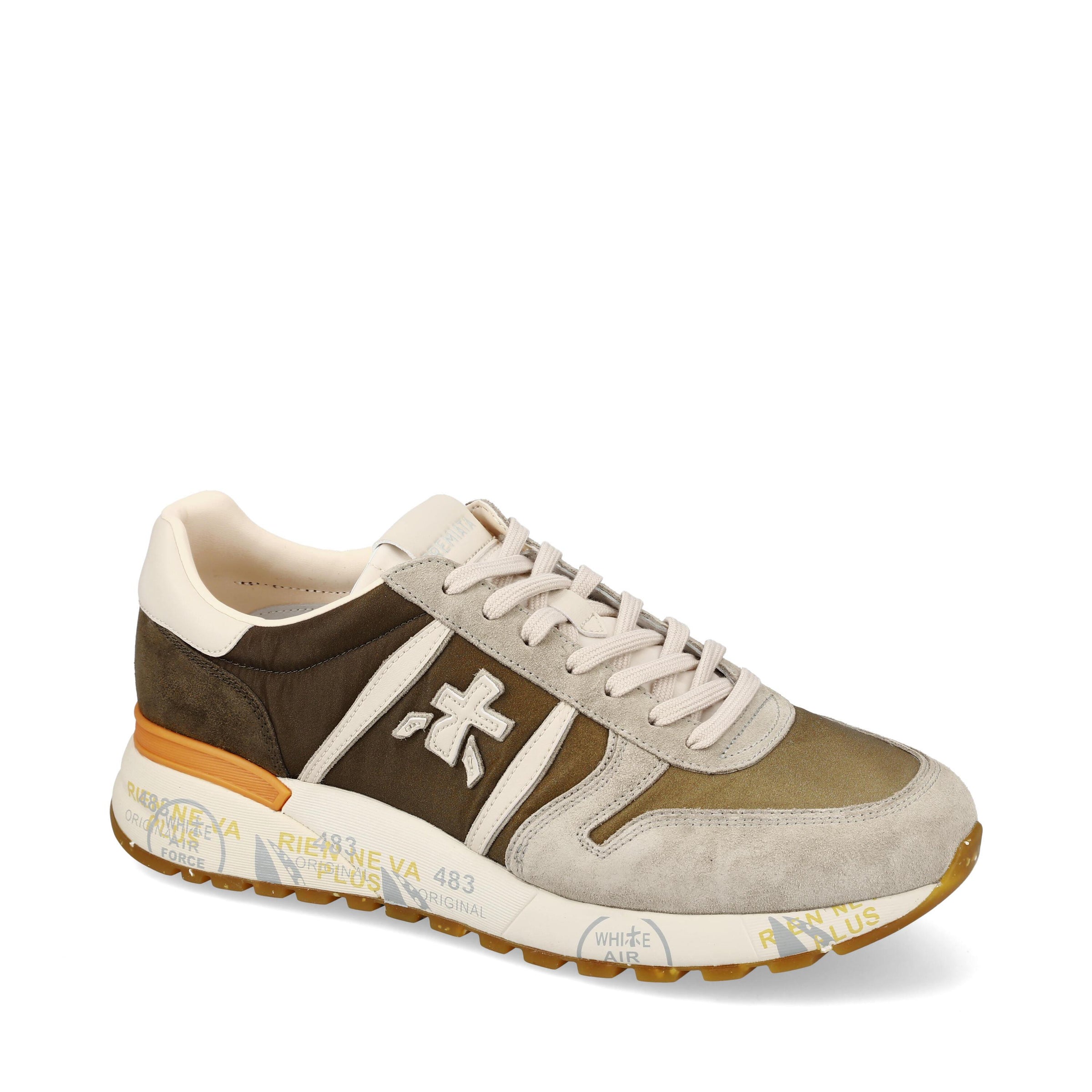 Sneakers in pelle scamosciata, tessuto e inserti in pelle 