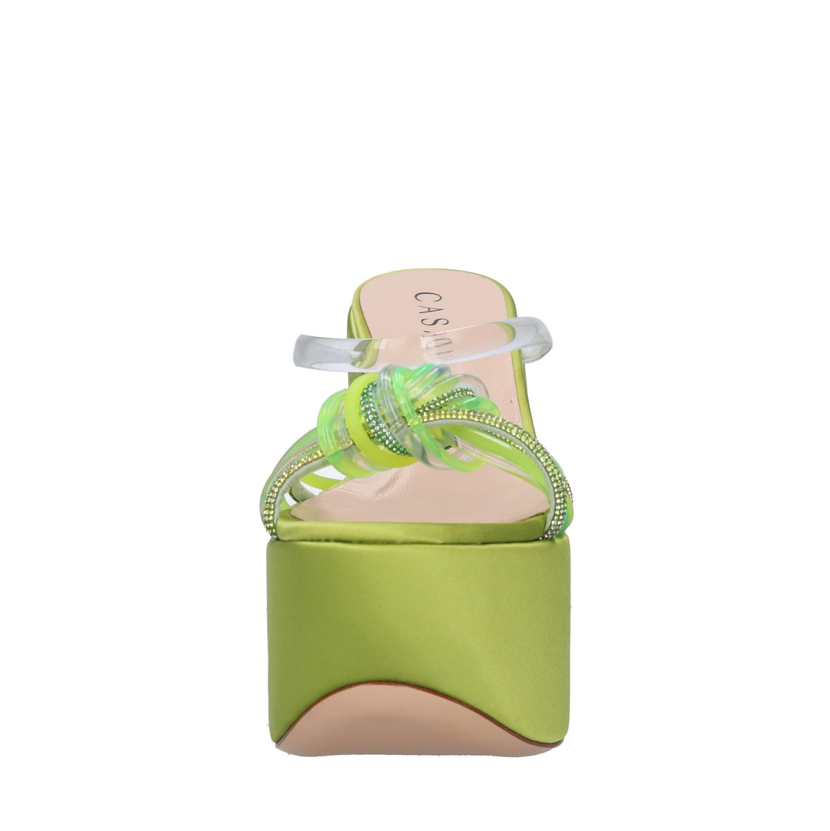 Mules Zeppa in raso plexi e strass 