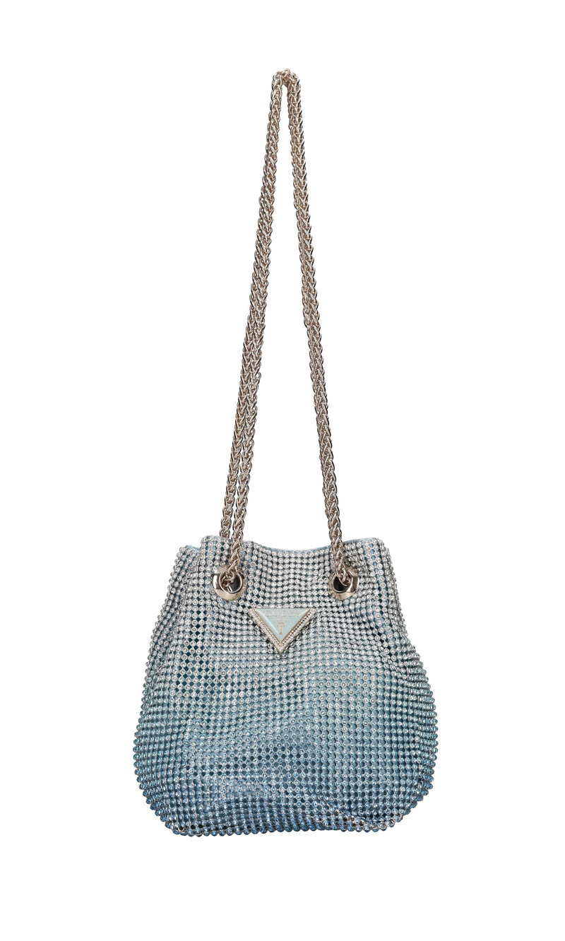 Mini secchiello in raso e maglia metallica in strass 