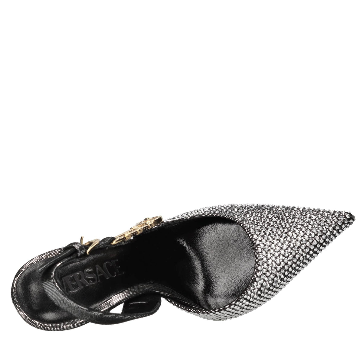 Décolleté slingback in pelle e strass 