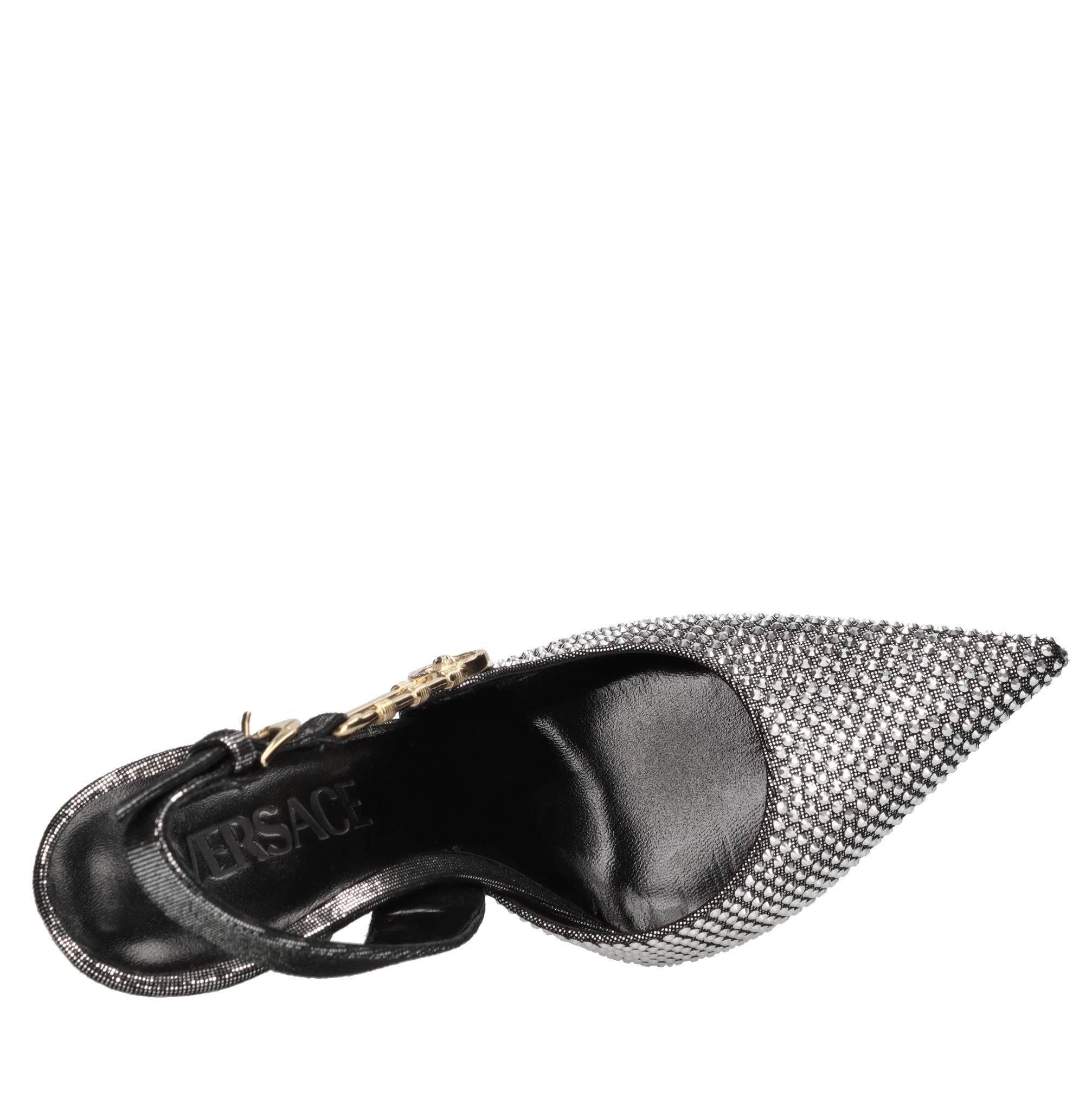Décolleté slingback in pelle e strass 