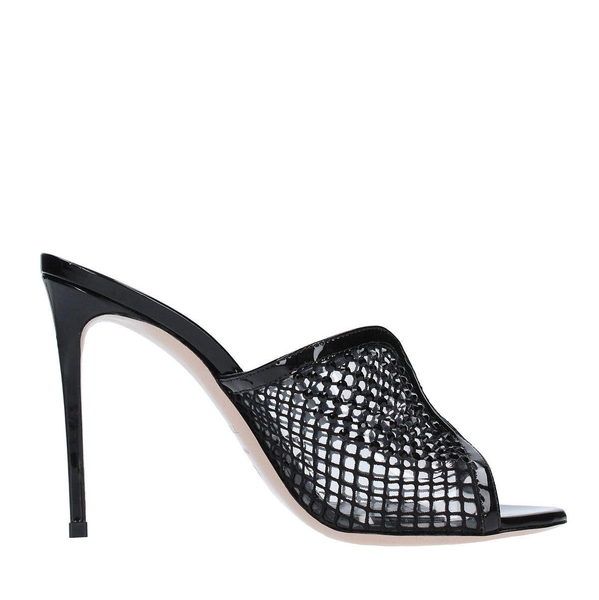 Mules in pelle tessuto e PVC 