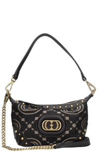 Borsa in tessuto con inserti in pelle e borchie 